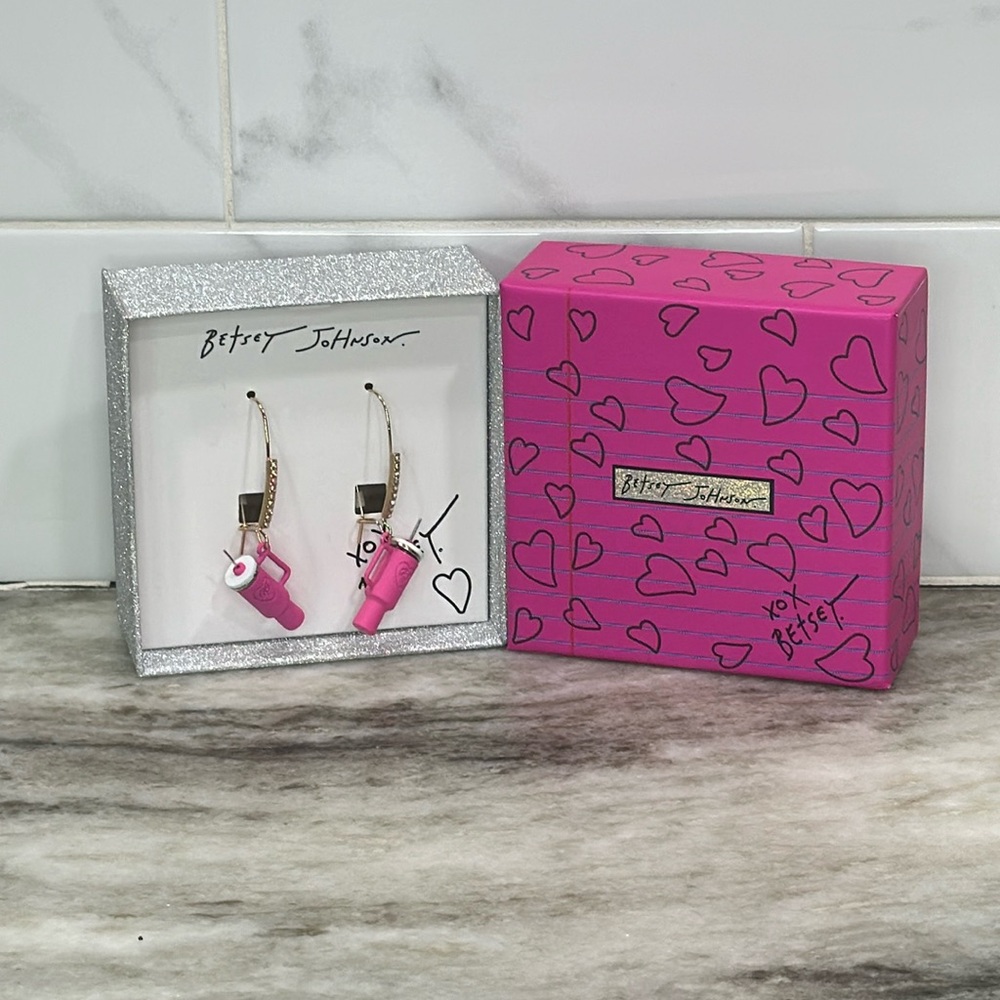 Betsey Johnson Crystal Pink Stanley Cup Dangle Drop Earrings Tumbler Teacher NEW
